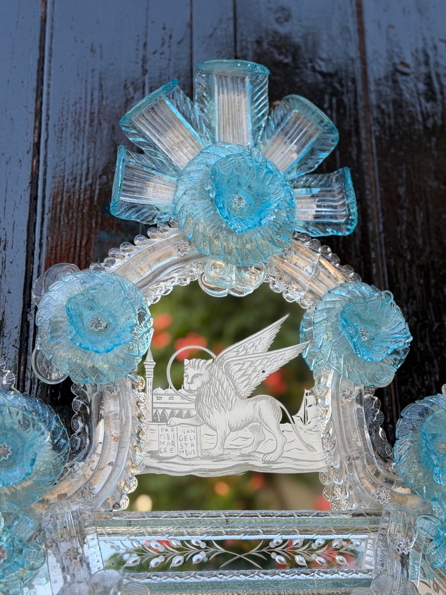 Miroir vénitien en verre de Murano incolore et bleu, vers 1930-photo-1
