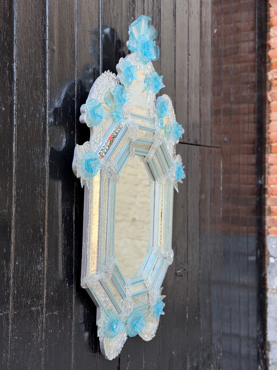 Miroir vénitien en verre de Murano incolore et bleu, vers 1930-photo-2