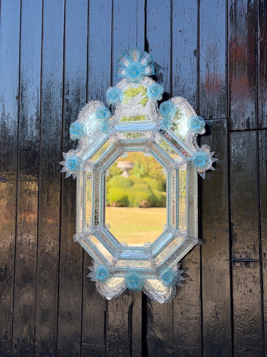 Miroir vénitien en verre de Murano incolore et bleu, vers 1930-photo-5