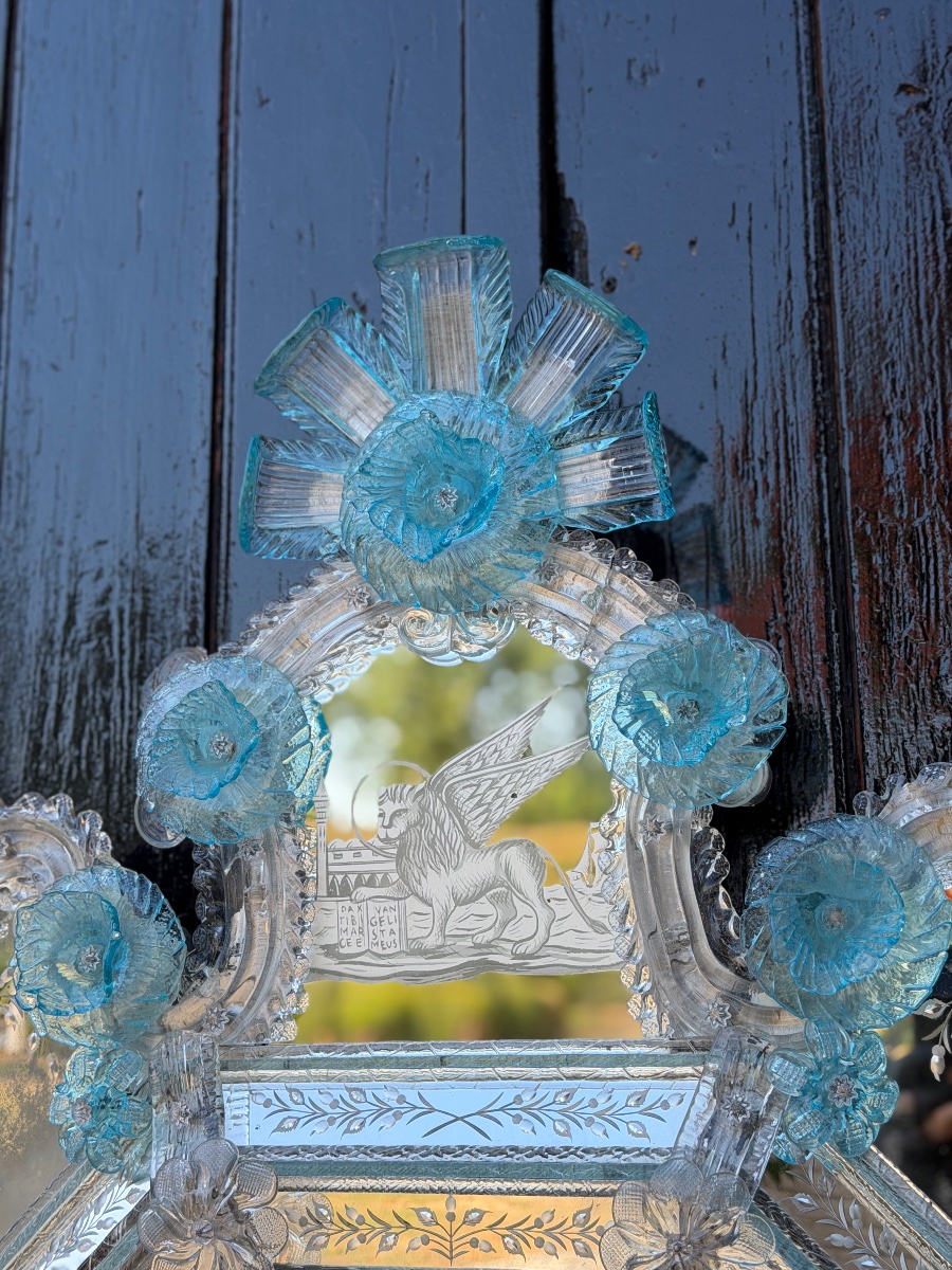 Miroir vénitien en verre de Murano incolore et bleu, vers 1930-photo-6