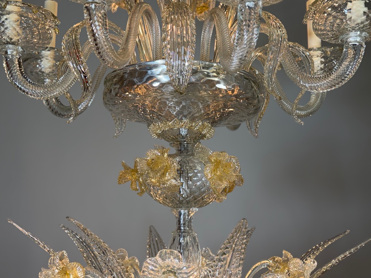 Venetian Chandelier Made Of Gilded Murano Glass, 24 Lights, Three Levels , Circa 1940-photo-4