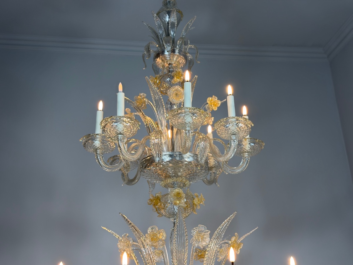 Venetian Chandelier Made Of Gilded Murano Glass, 24 Lights, Three Levels , Circa 1940-photo-1