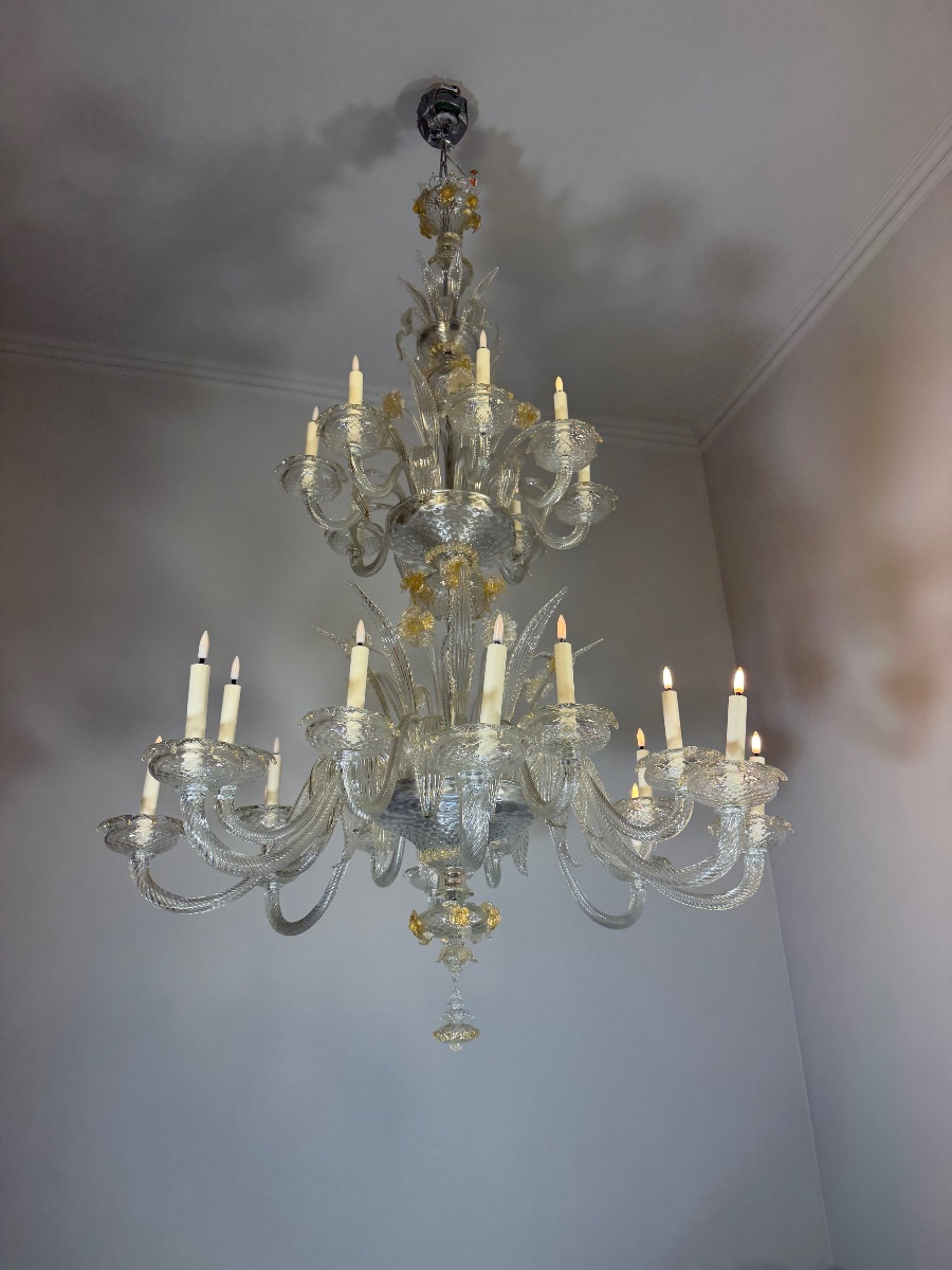 Venetian Chandelier Made Of Gilded Murano Glass, 24 Lights, Three Levels , Circa 1940-photo-4