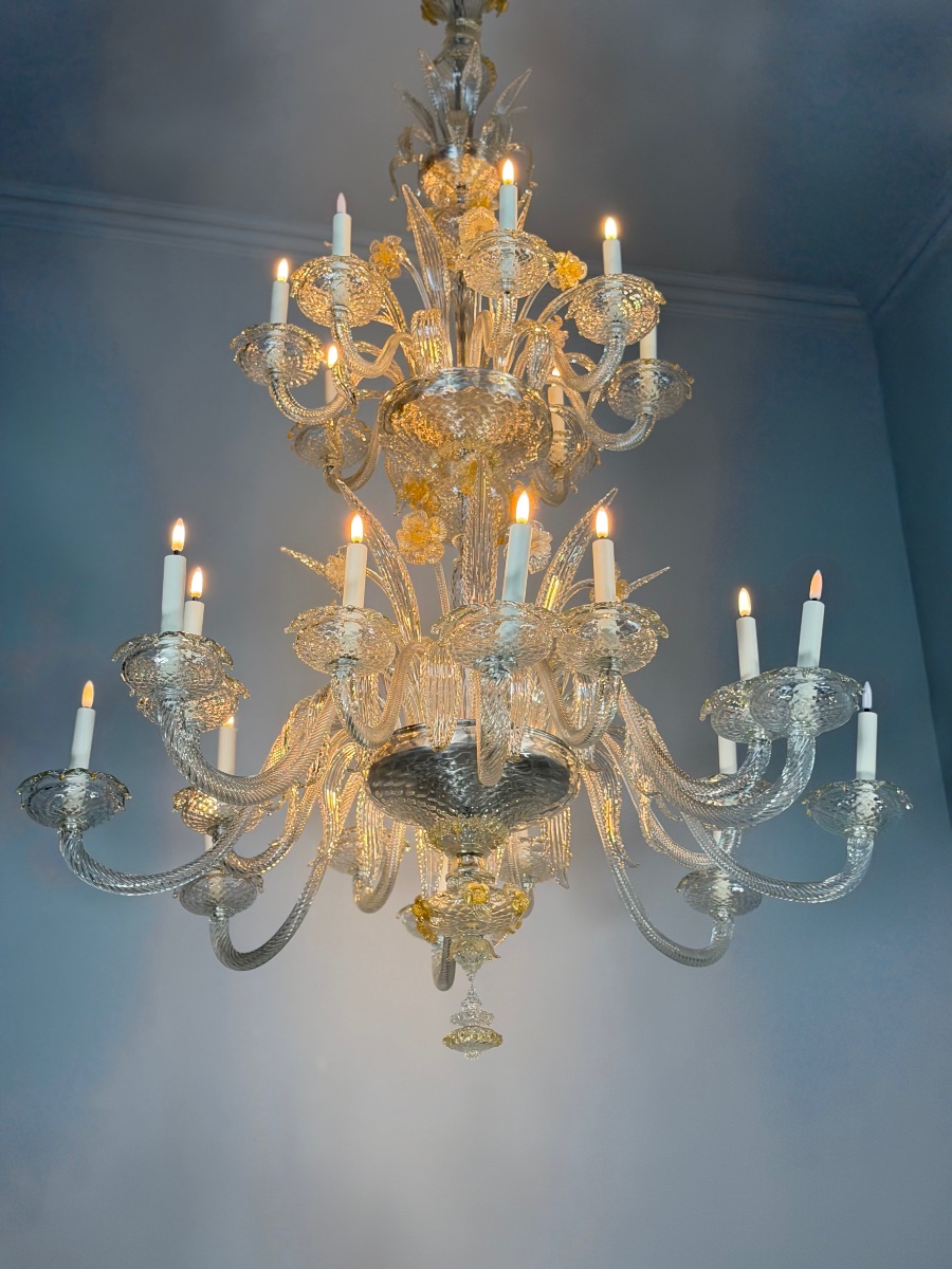 Venetian Chandelier Made Of Gilded Murano Glass, 24 Lights, Three Levels , Circa 1940-photo-5