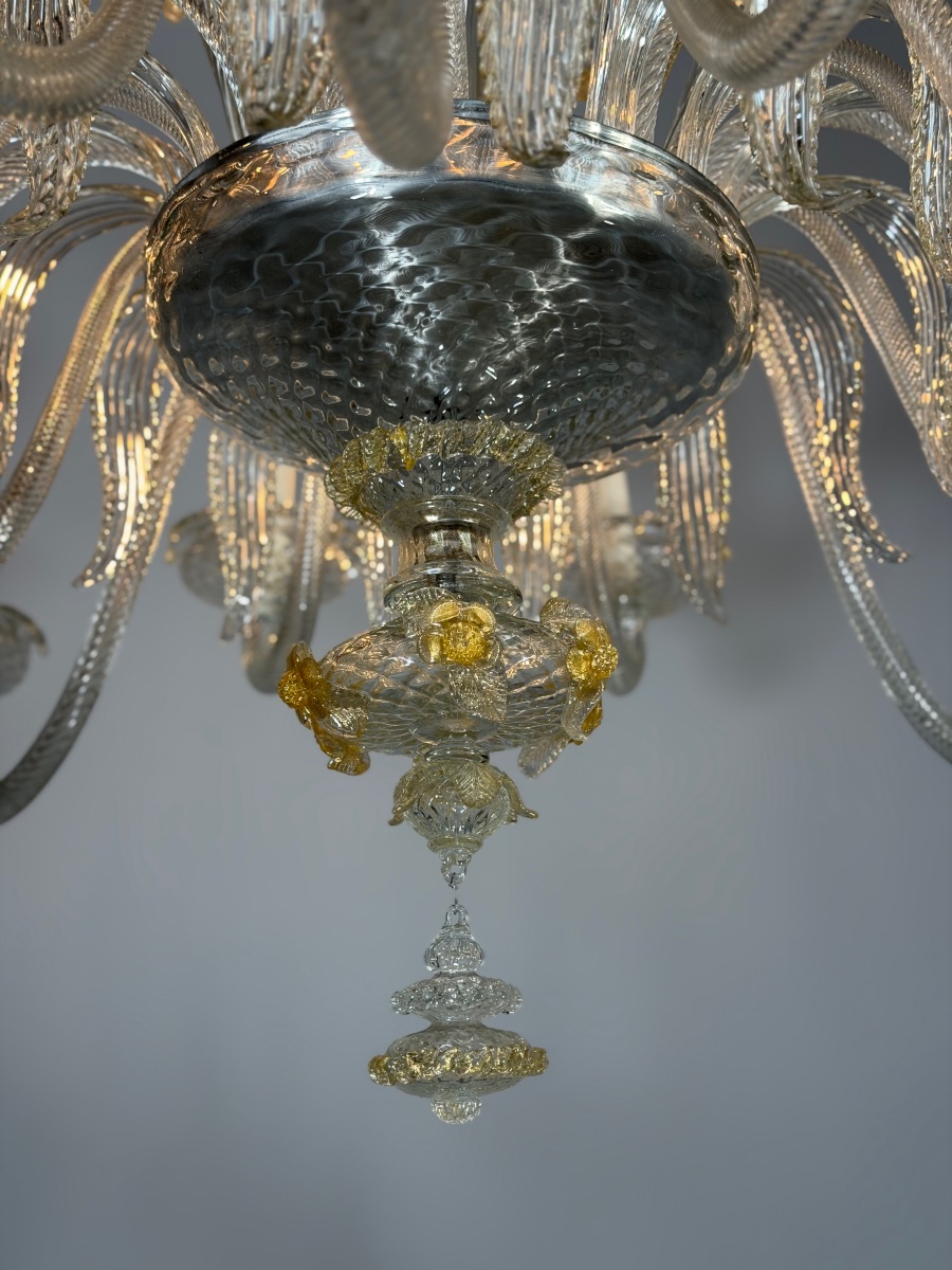 Venetian Chandelier Made Of Gilded Murano Glass, 24 Lights, Three Levels , Circa 1940-photo-6