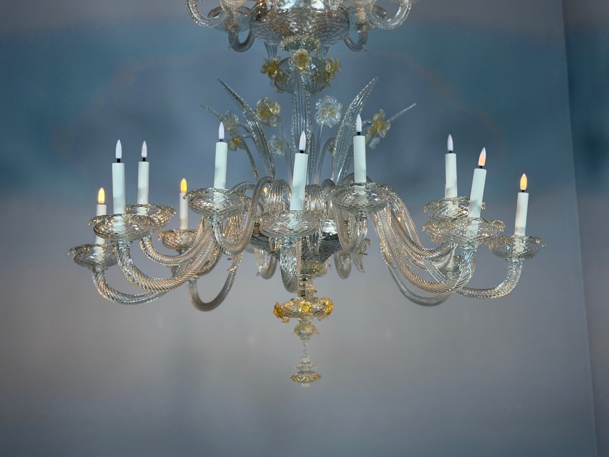 Venetian Chandelier Made Of Gilded Murano Glass, 24 Lights, Three Levels , Circa 1940-photo-7