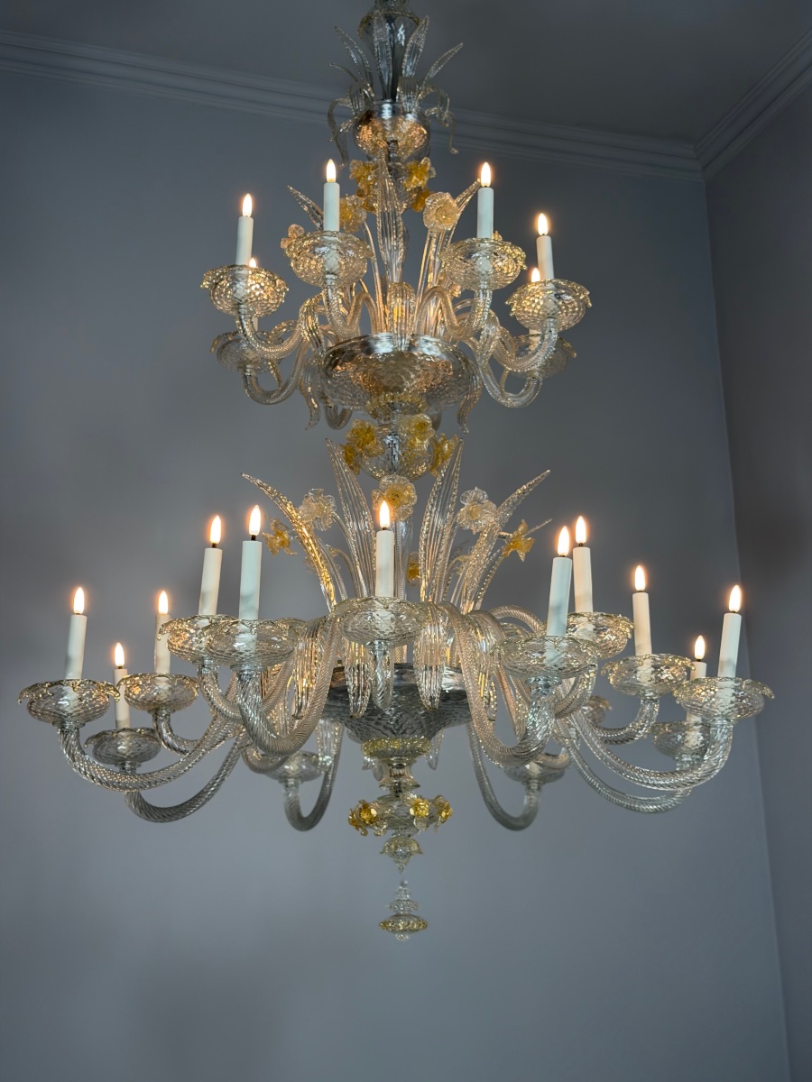 Venetian Chandelier Made Of Gilded Murano Glass, 24 Lights, Three Levels , Circa 1940