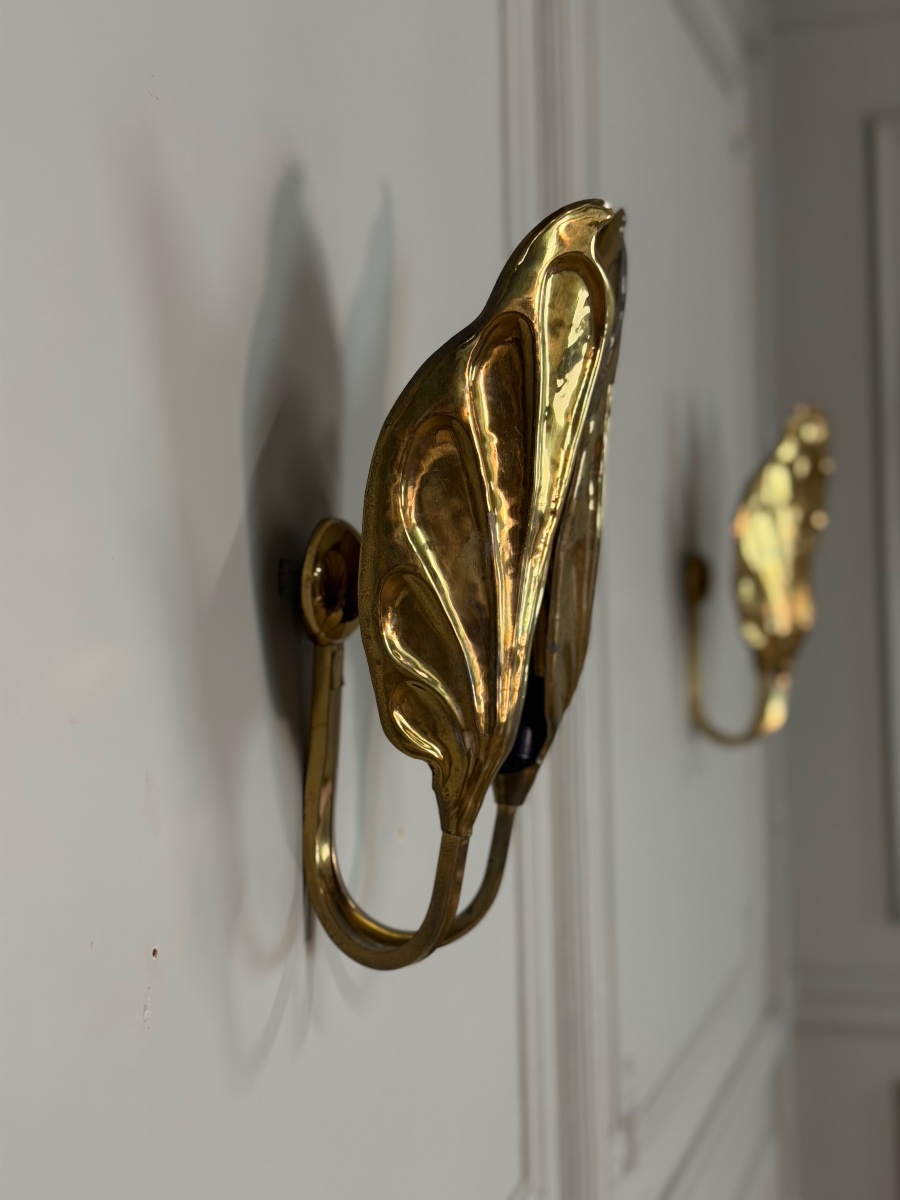 Set Of Four Gilded Brass Wall Sconces, Tommaso Barbi, Circa 1960 -photo-4