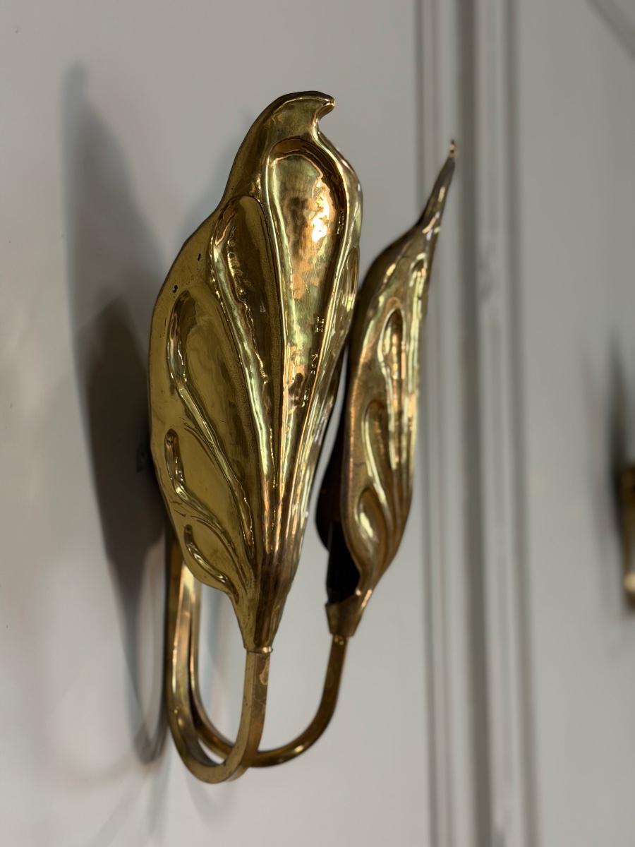 Set Of Four Gilded Brass Wall Sconces, Tommaso Barbi, Circa 1960 -photo-3