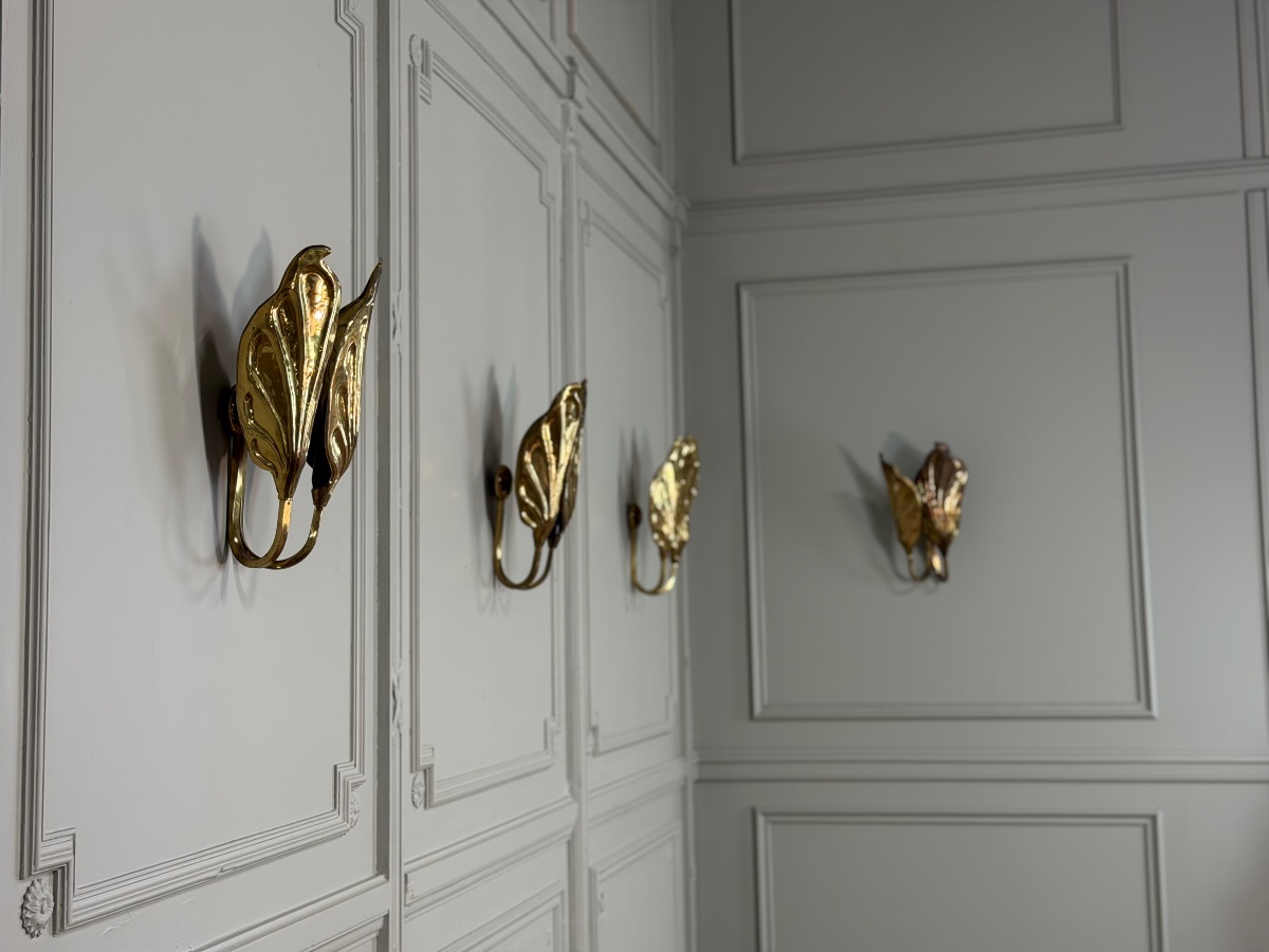 Set Of Four Gilded Brass Wall Sconces, Tommaso Barbi, Circa 1960 -photo-5