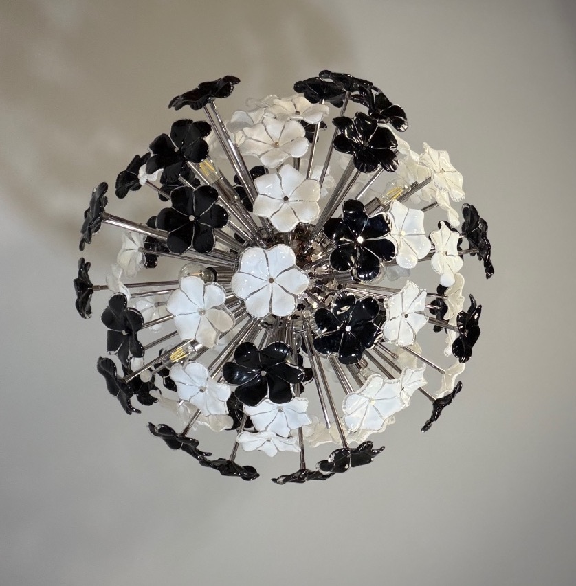 Venetian Murano Glass Chandelier, Black-and-white Two-tone Flower Collection, Circa 1990-photo-2