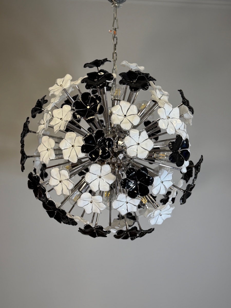 Venetian Murano Glass Chandelier, Black-and-white Two-tone Flower Collection, Circa 1990
