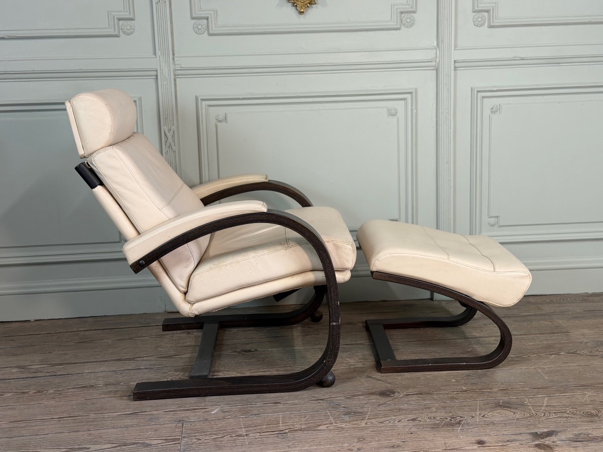 Nelo Fauteuil Nelo et son repose-pieds en cuir, åke Fribyter pour Roche Bobois, vers 1980-photo-4