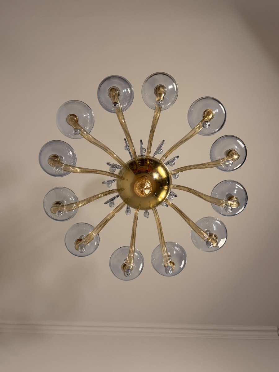 Venetian Chandelier Made Of Blue And Amber Murano Glass, 12 Light Arms, Circa 1980 -photo-2