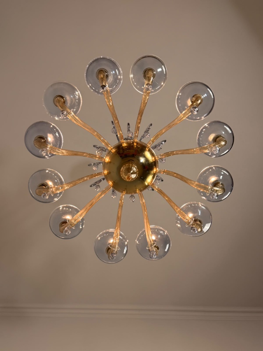 Venetian Chandelier Made Of Blue And Amber Murano Glass, 12 Light Arms, Circa 1980 -photo-3