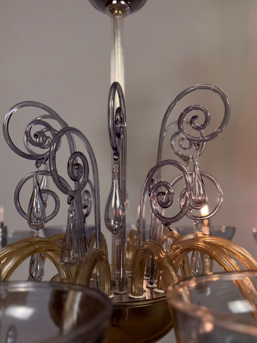 Venetian Chandelier Made Of Blue And Amber Murano Glass, 12 Light Arms, Circa 1980 -photo-3