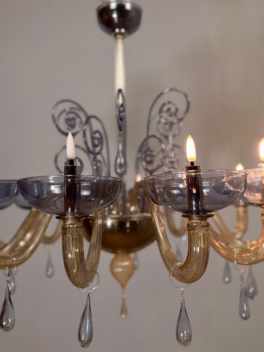 Venetian Chandelier Made Of Blue And Amber Murano Glass, 12 Light Arms, Circa 1980 -photo-4