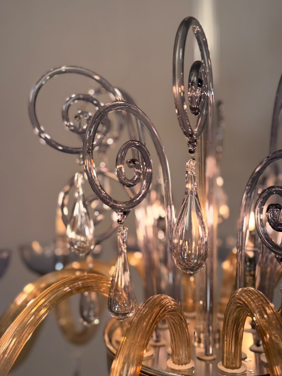 Venetian Chandelier Made Of Blue And Amber Murano Glass, 12 Light Arms, Circa 1980 -photo-5