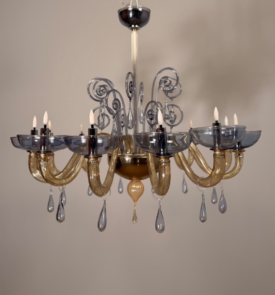 Venetian Chandelier Made Of Blue And Amber Murano Glass, 12 Light Arms, Circa 1980 