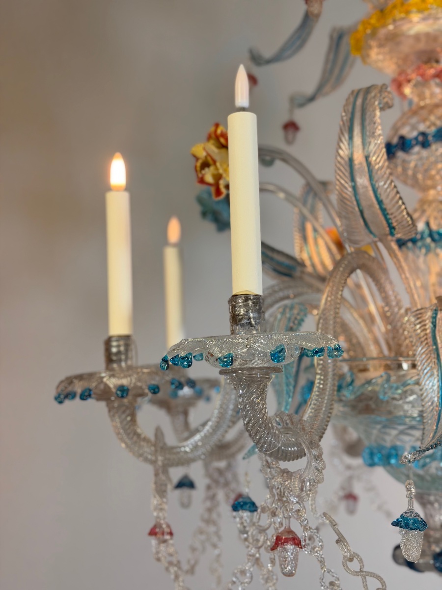 Multicolored Murano Glass Venetian Chandelier, With 8 Light Arms And Three Tiers Of Flowers And-photo-2