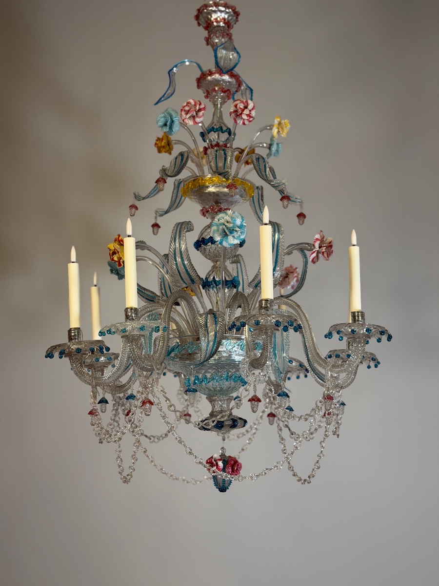 Multicolored Murano Glass Venetian Chandelier, With 8 Light Arms And Three Tiers Of Flowers And-photo-4