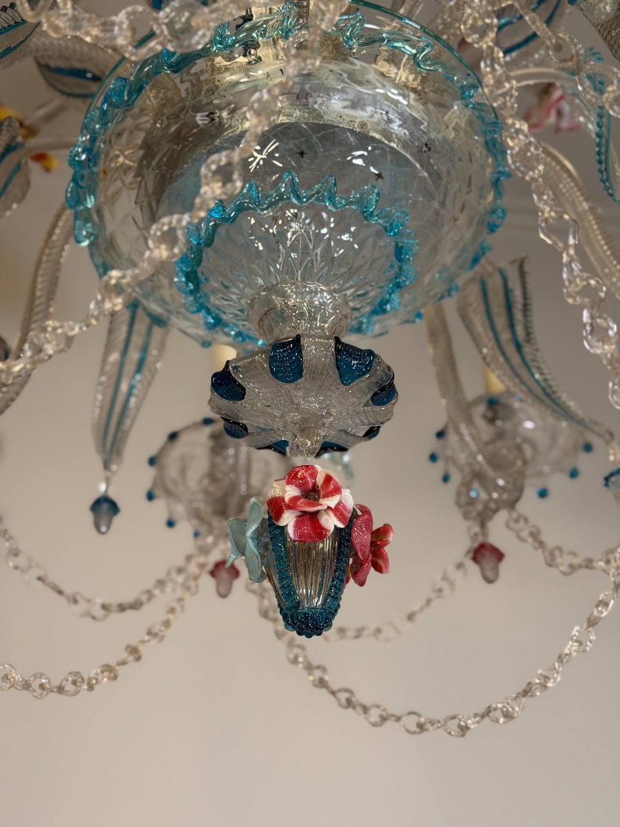 Multicolored Murano Glass Venetian Chandelier, With 8 Light Arms And Three Tiers Of Flowers And-photo-2