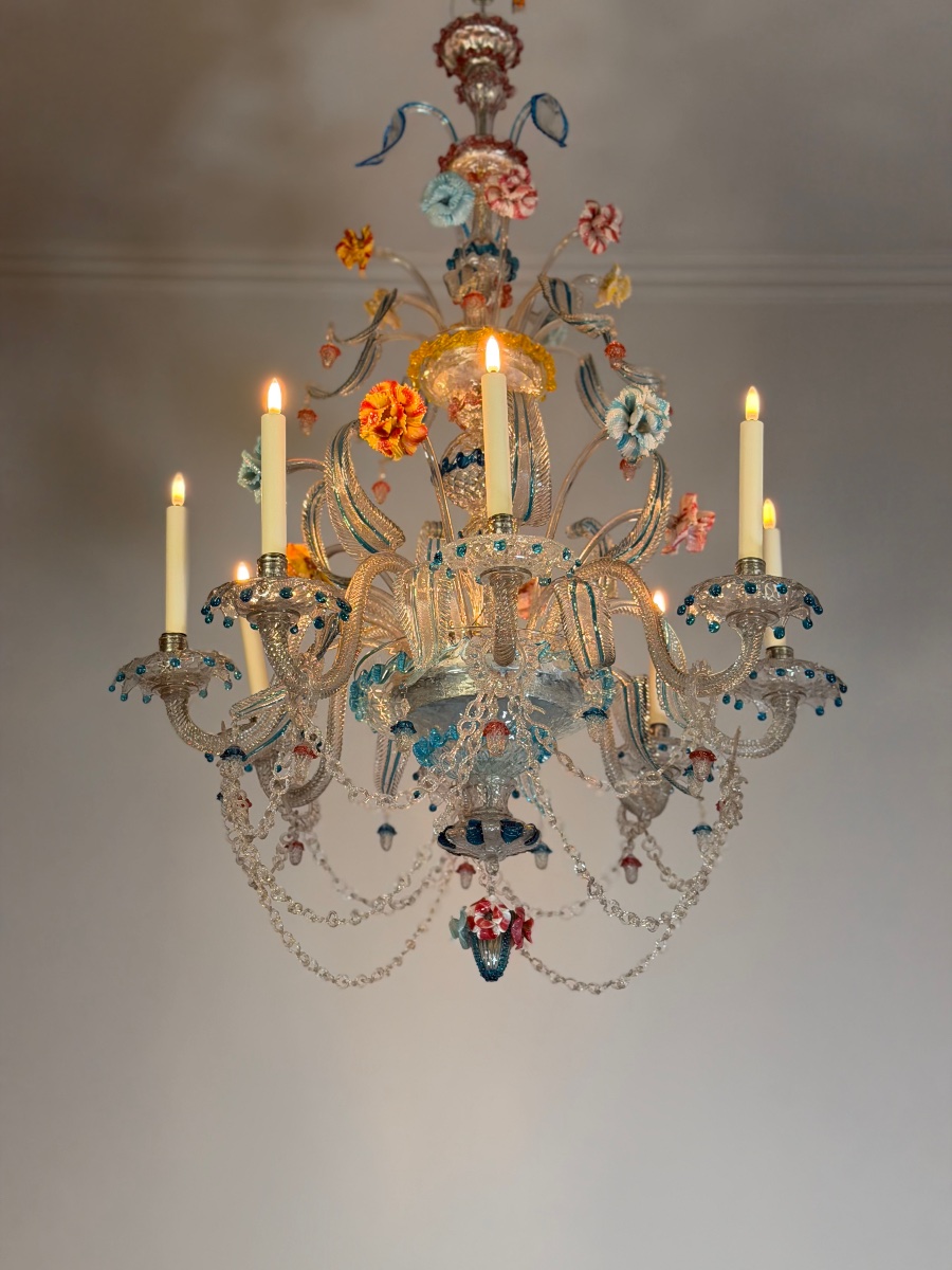 Multicolored Murano Glass Venetian Chandelier, With 8 Light Arms And Three Tiers Of Flowers And-photo-3