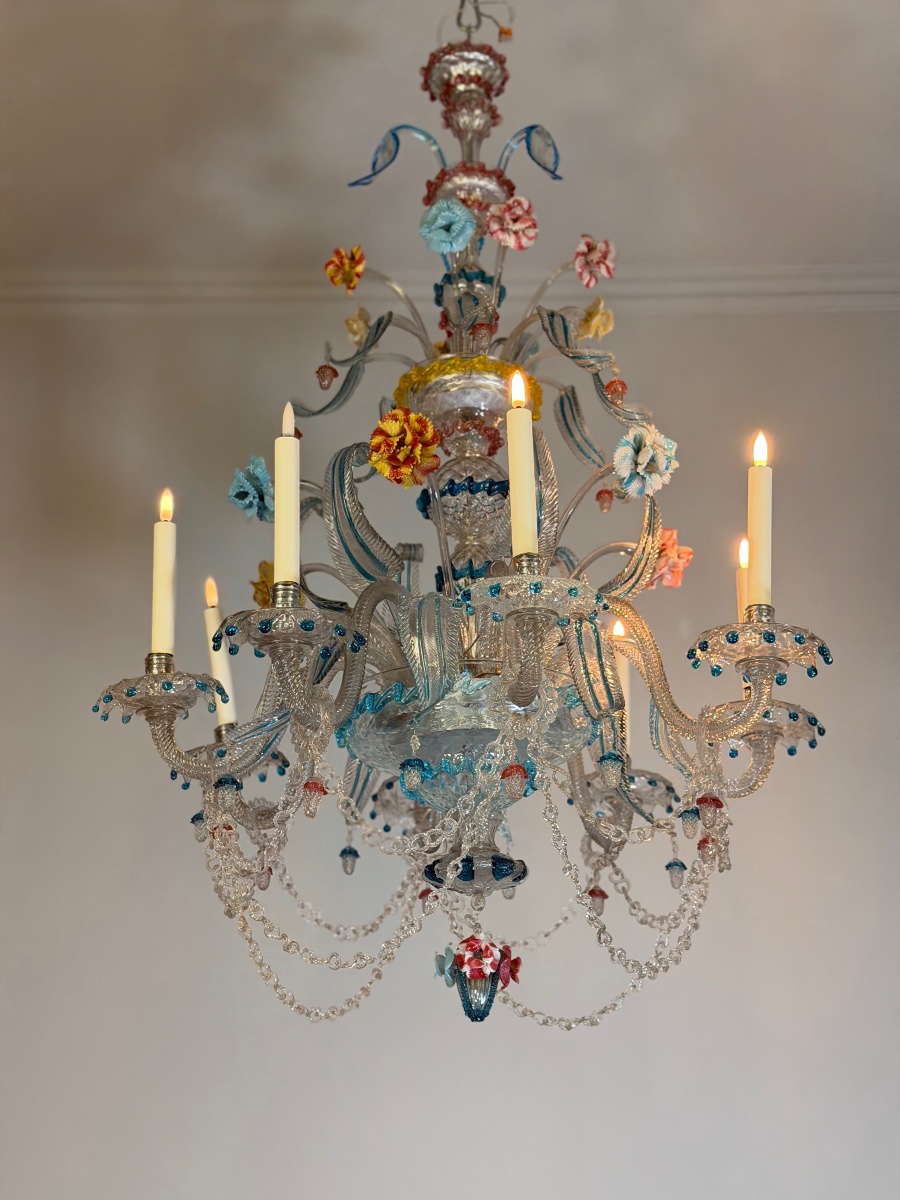 Multicolored Murano Glass Venetian Chandelier, With 8 Light Arms And Three Tiers Of Flowers And-photo-4