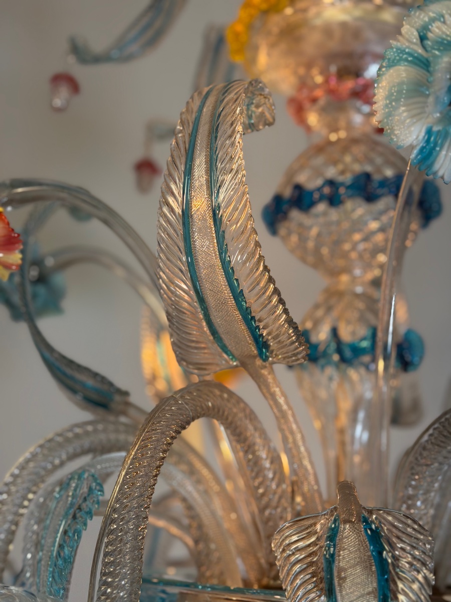Multicolored Murano Glass Venetian Chandelier, With 8 Light Arms And Three Tiers Of Flowers And-photo-6