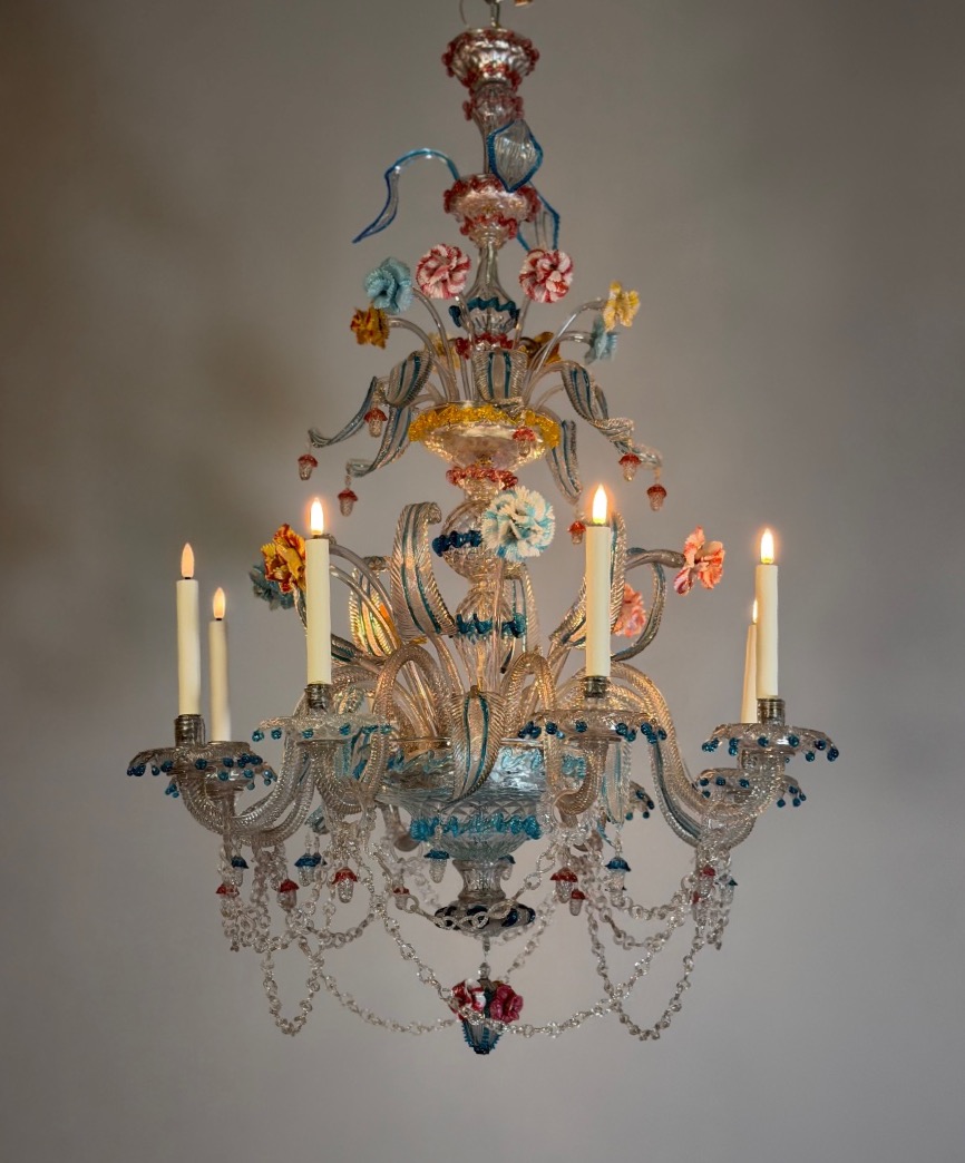 Multicolored Murano Glass Venetian Chandelier, With 8 Light Arms And Three Tiers Of Flowers And