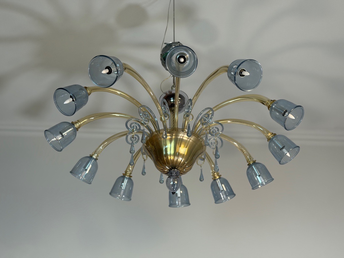Two-tone Venetian Murano Glass Chandelier, Blue And Bronze, Circa 1990 