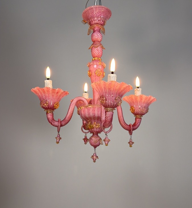 Petit lustre vénitien en verre de Murano rose et doré, vers 1930 -photo-3