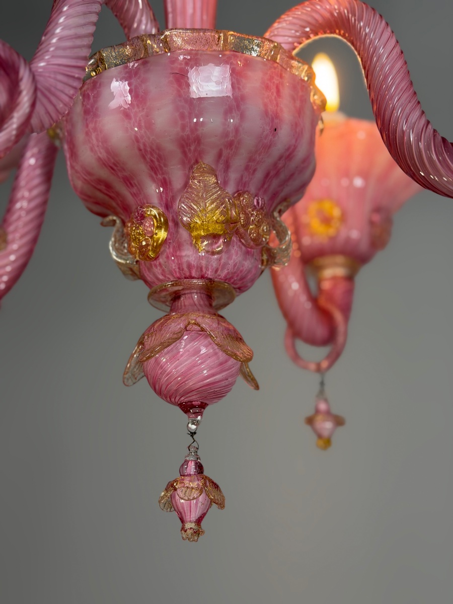 Petit lustre vénitien en verre de Murano rose et doré, vers 1930 -photo-4