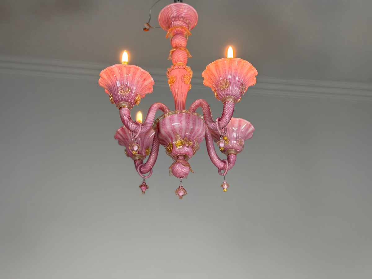 Petit lustre vénitien en verre de Murano rose et doré, vers 1930 -photo-1