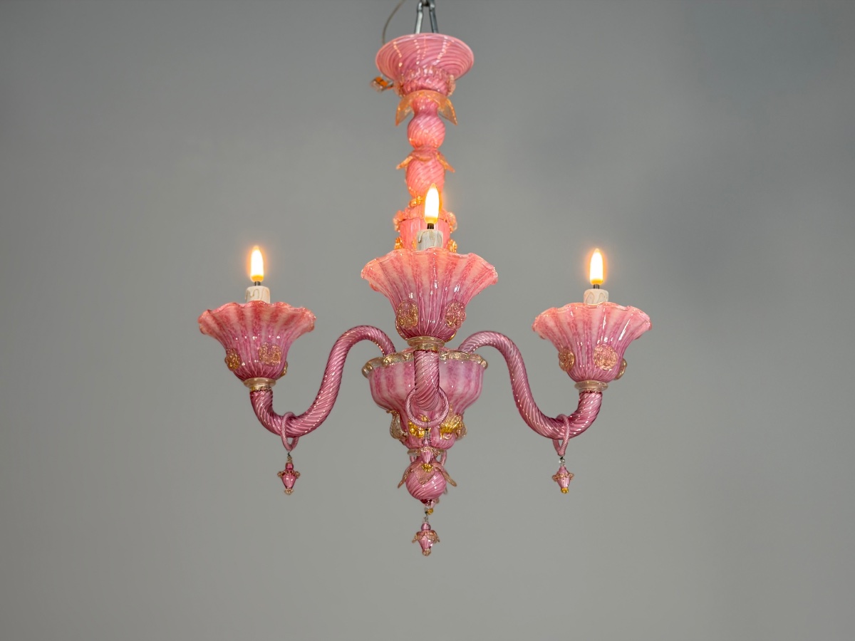 Petit lustre vénitien en verre de Murano rose et doré, vers 1930 -photo-2