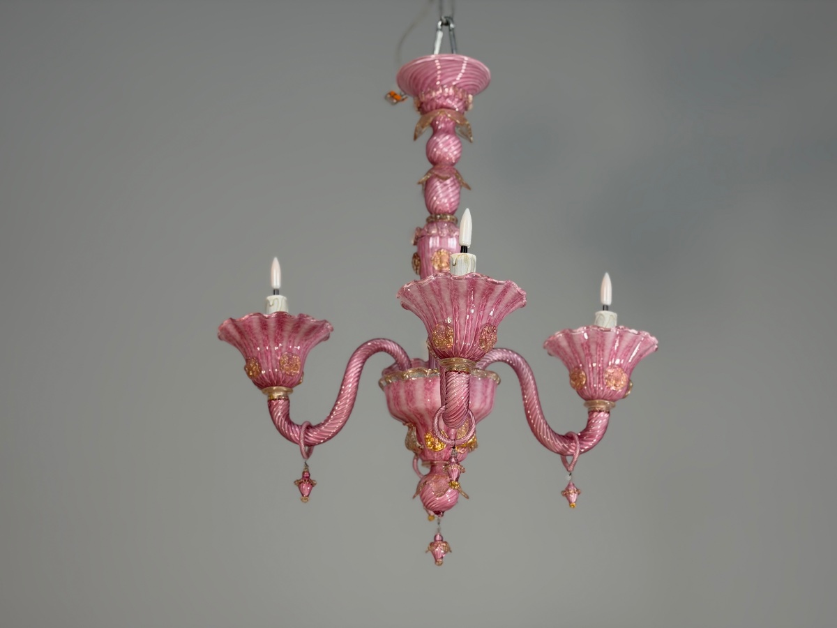 Petit lustre vénitien en verre de Murano rose et doré, vers 1930 -photo-3