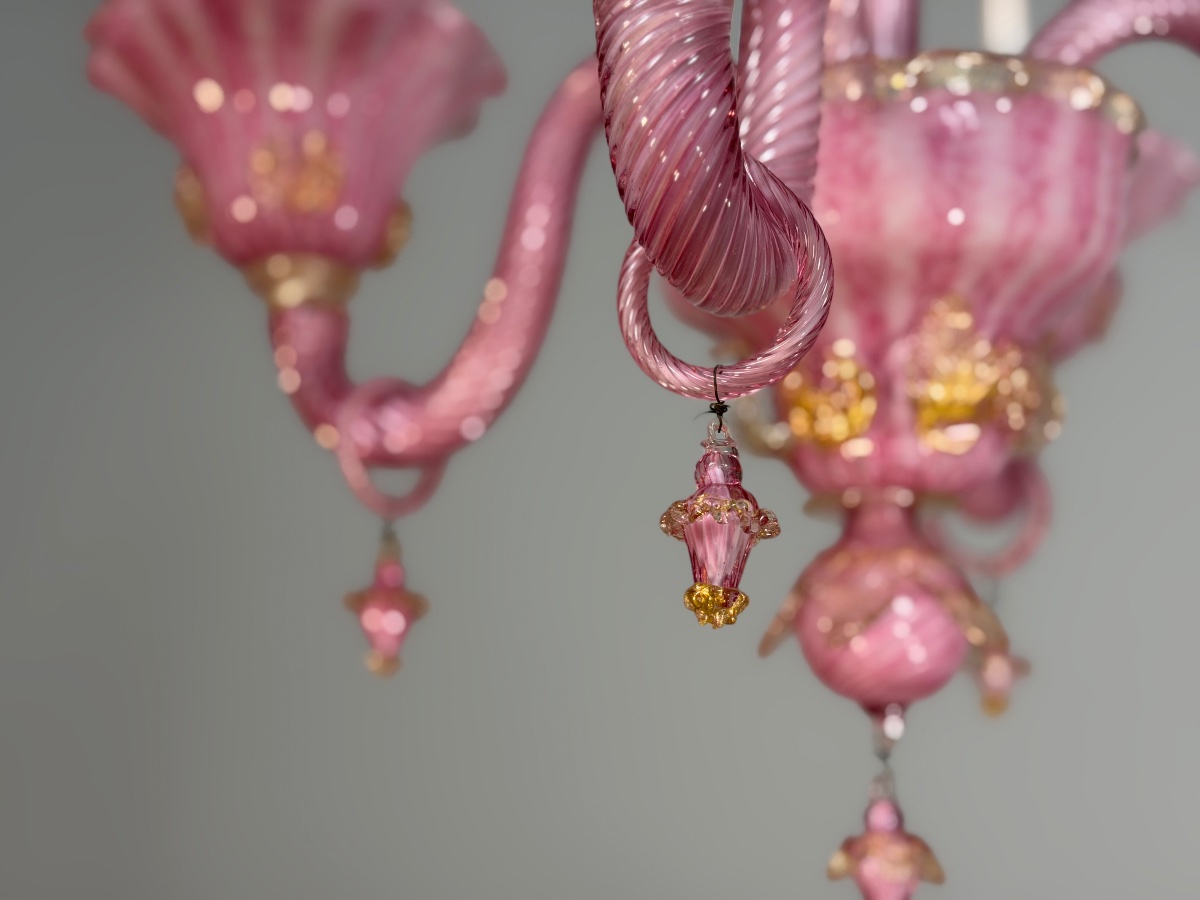 Petit lustre vénitien en verre de Murano rose et doré, vers 1930 -photo-4