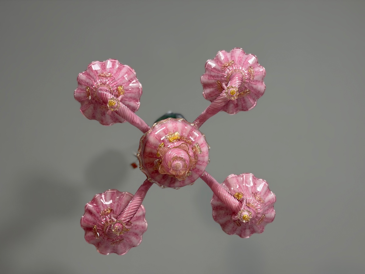 Petit lustre vénitien en verre de Murano rose et doré, vers 1930 -photo-7