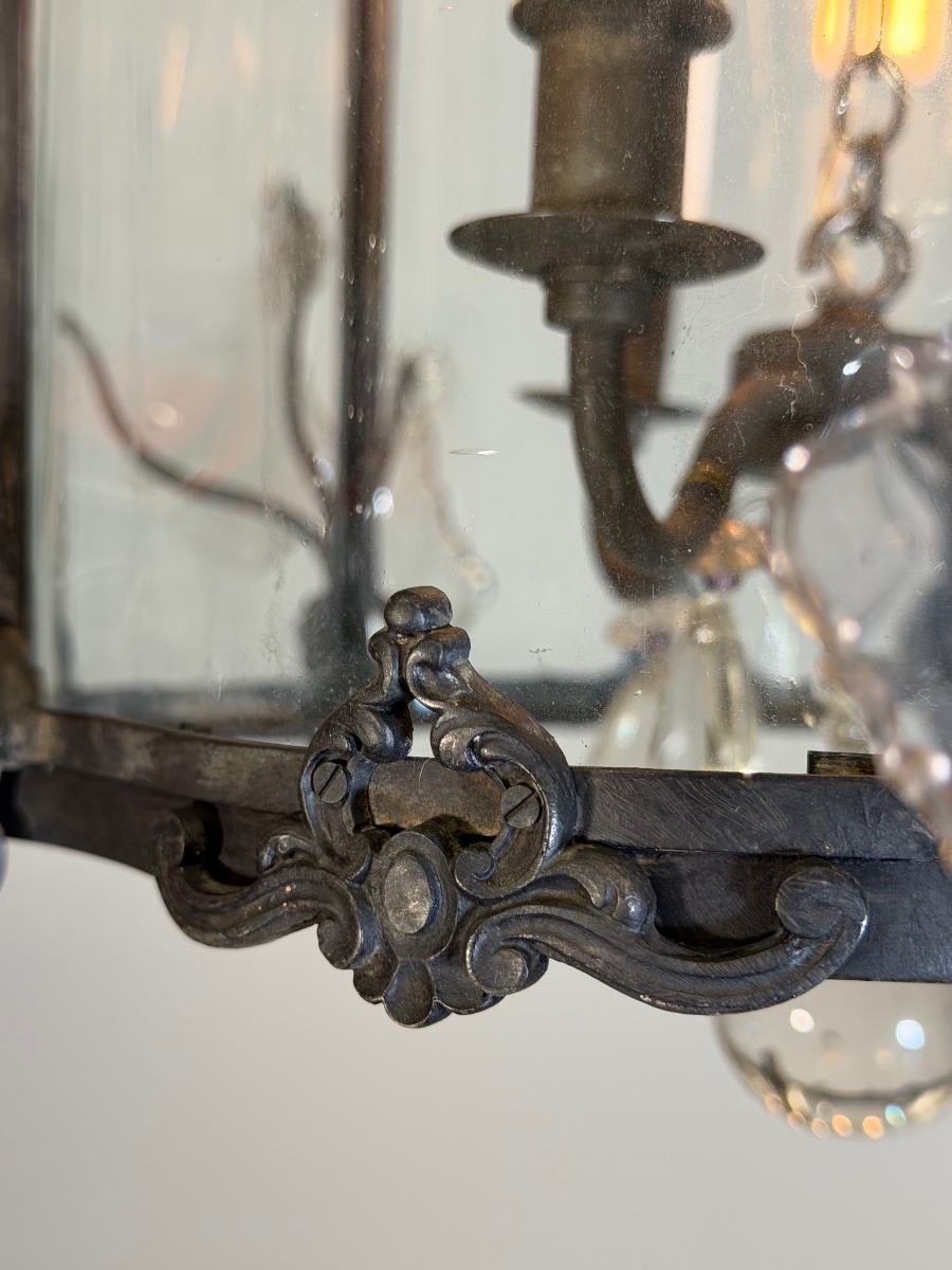 Louis XV-style Lantern In Blackened Brass,  Cut-glass Pendants, Circa 1900-photo-2