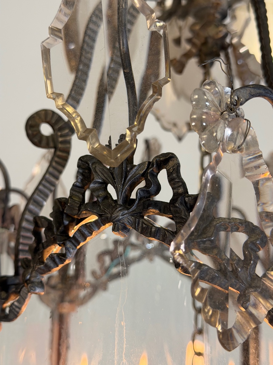 Louis XV-style Lantern In Blackened Brass,  Cut-glass Pendants, Circa 1900-photo-3