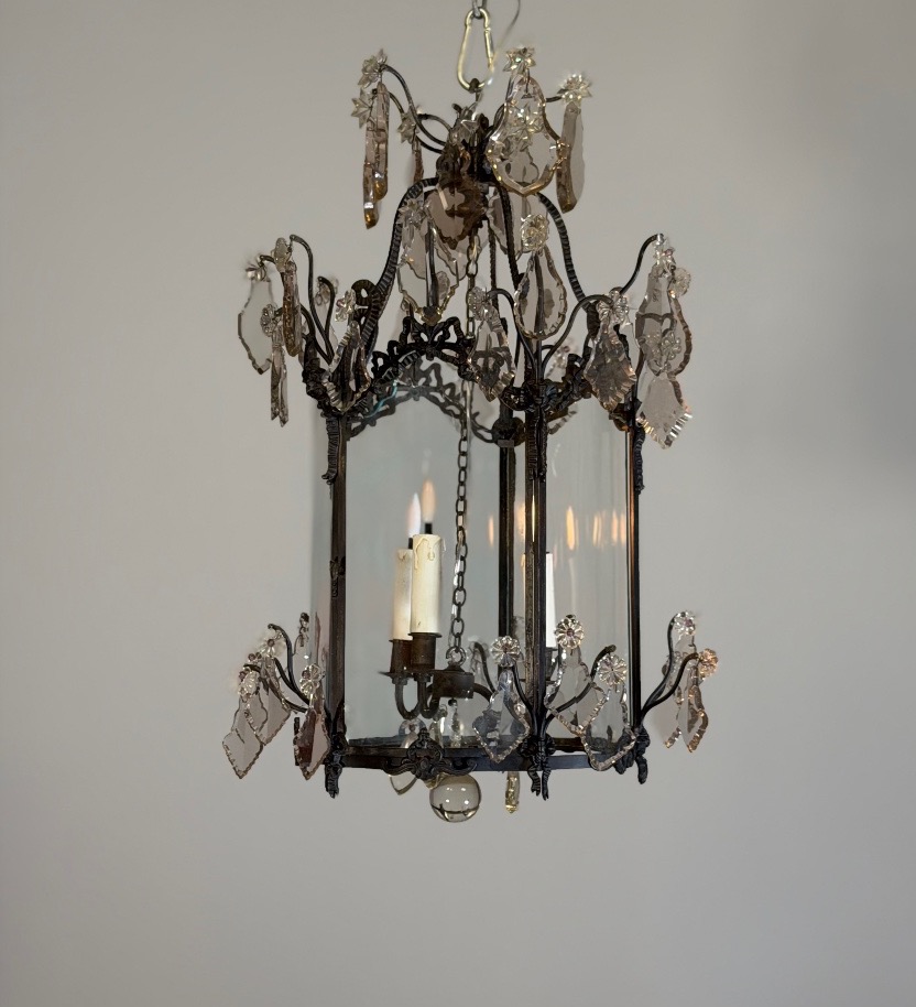 Louis XV-style Lantern In Blackened Brass,  Cut-glass Pendants, Circa 1900-photo-4