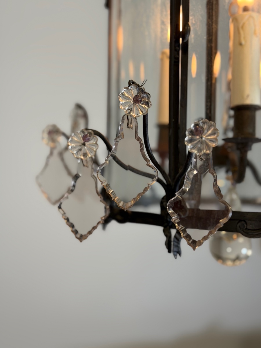 Louis XV-style Lantern In Blackened Brass,  Cut-glass Pendants, Circa 1900-photo-1