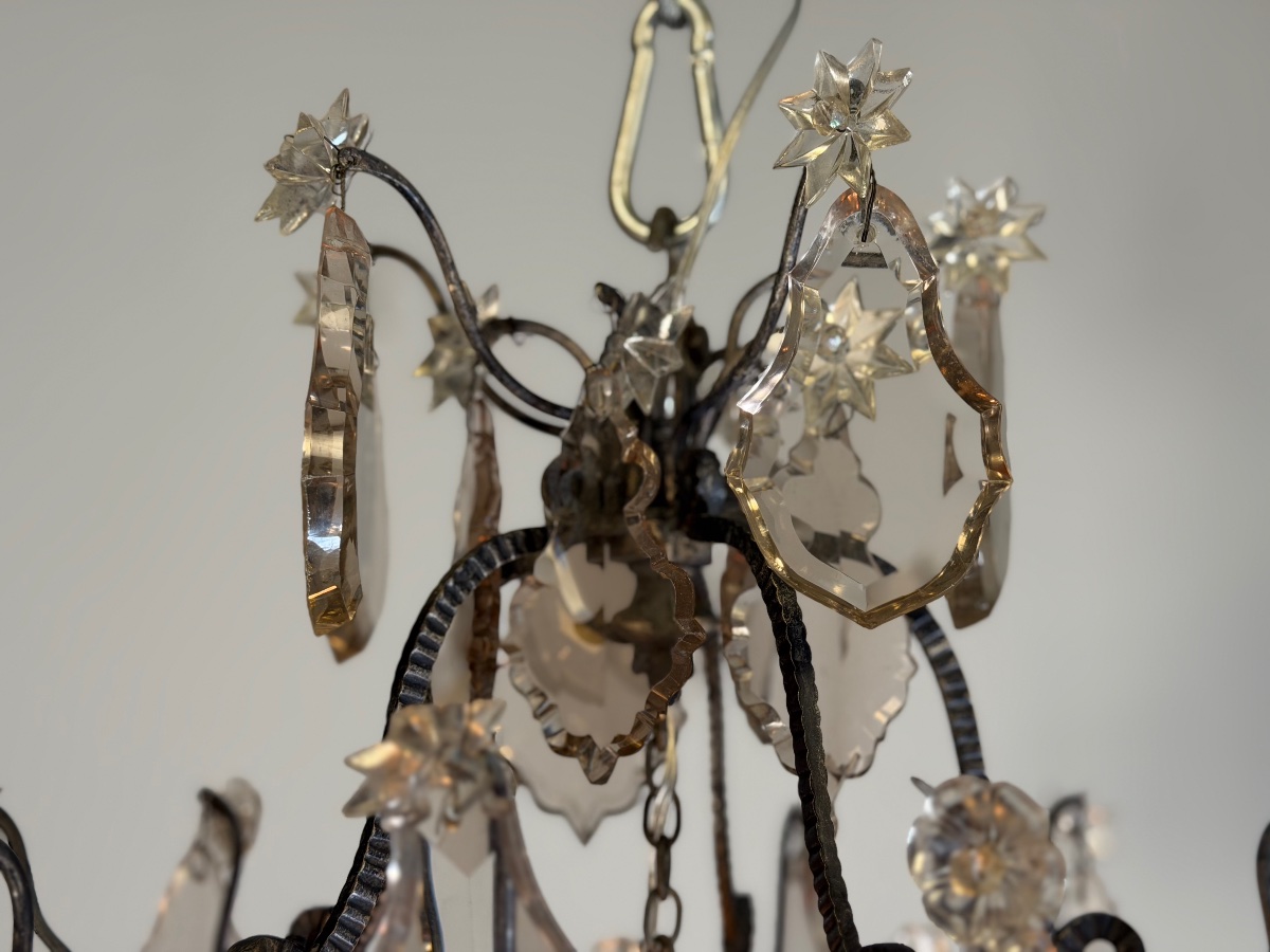 Louis XV-style Lantern In Blackened Brass,  Cut-glass Pendants, Circa 1900-photo-2
