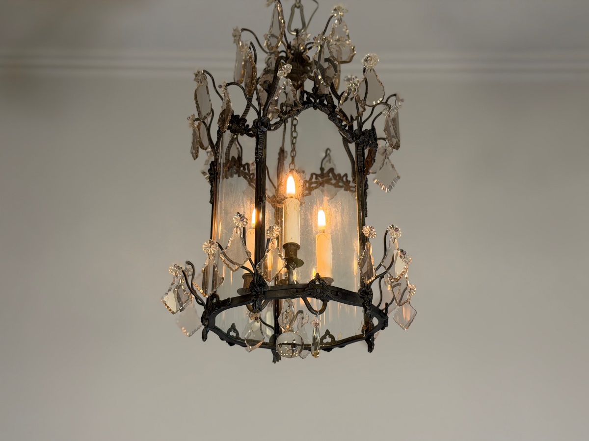 Louis XV-style Lantern In Blackened Brass,  Cut-glass Pendants, Circa 1900-photo-3