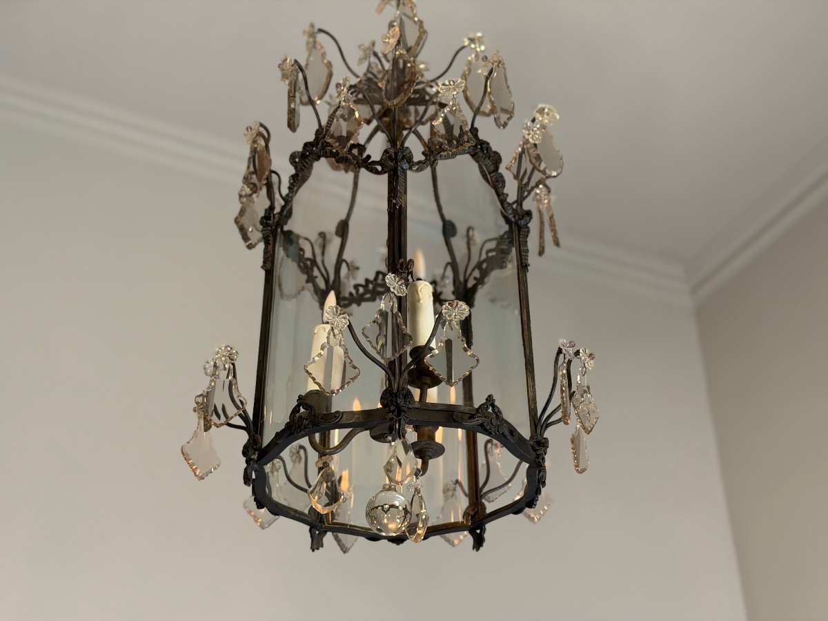 Louis XV-style Lantern In Blackened Brass,  Cut-glass Pendants, Circa 1900-photo-4
