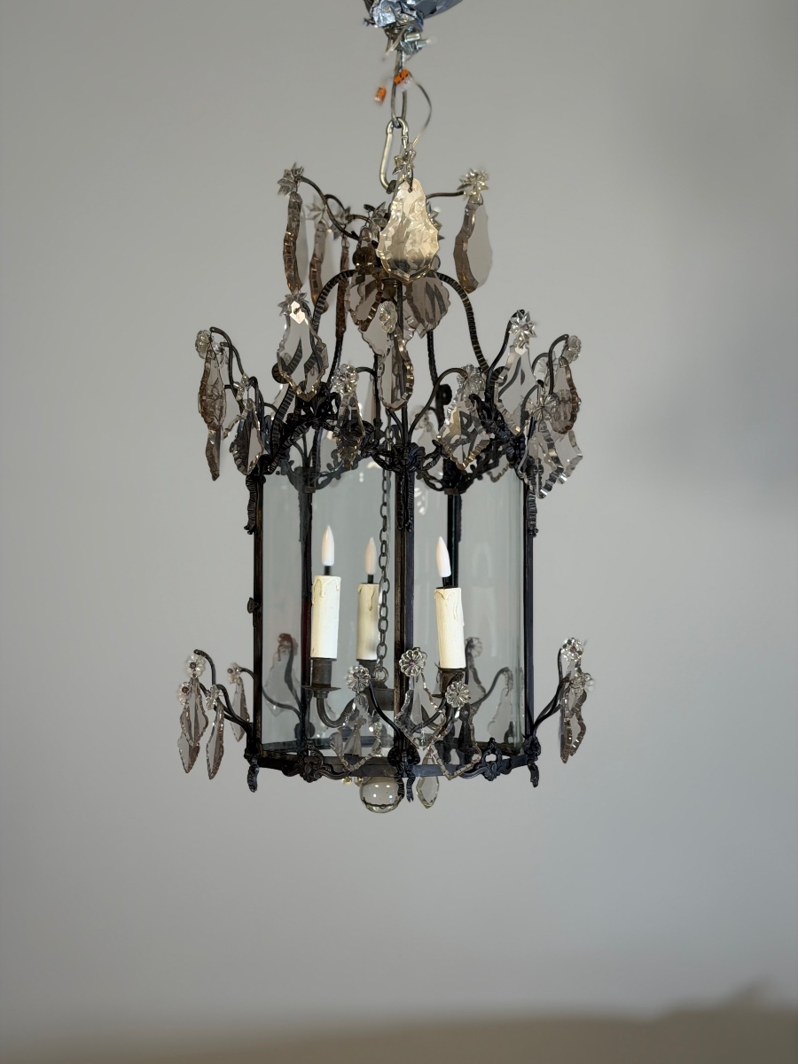 Louis XV-style Lantern In Blackened Brass,  Cut-glass Pendants, Circa 1900-photo-6