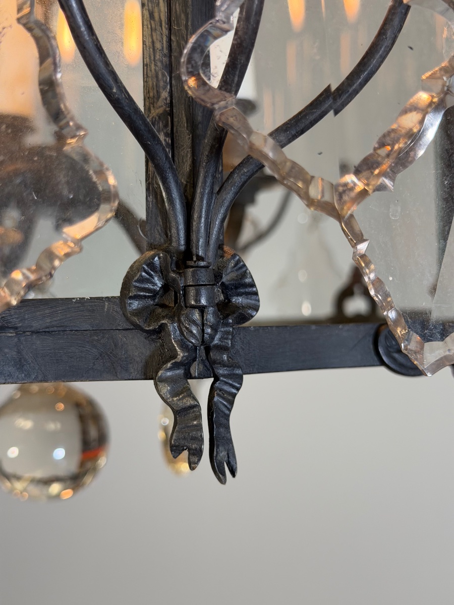 Louis XV-style Lantern In Blackened Brass,  Cut-glass Pendants, Circa 1900-photo-7