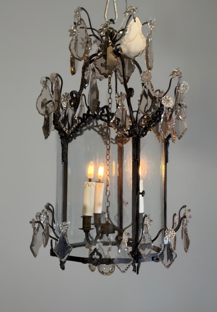 Louis XV-style Lantern In Blackened Brass,  Cut-glass Pendants, Circa 1900