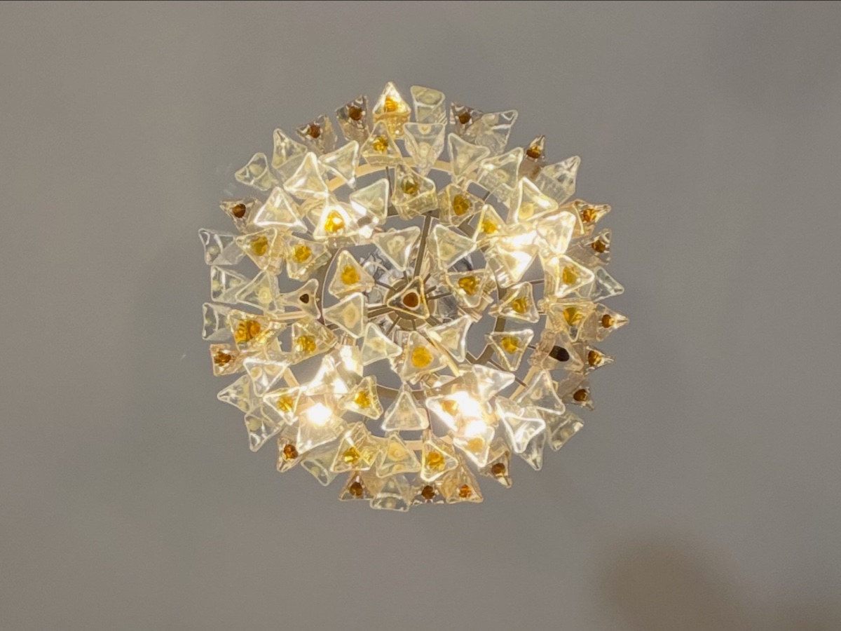 Lustre vénitien en verre de Murano incolore et doré, Venini modèle Triedi, vers 1960-photo-3