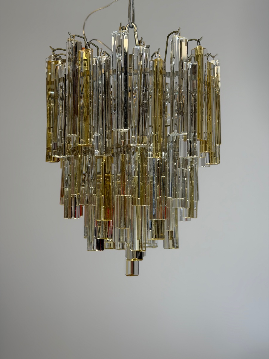 Lustre vénitien en verre de Murano incolore et doré, Venini modèle Triedi, vers 1960-photo-5